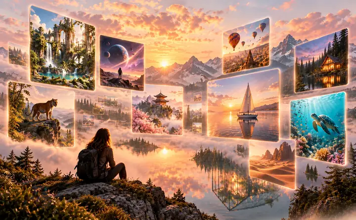 A collage of imaginative AI image concepts and illustrations