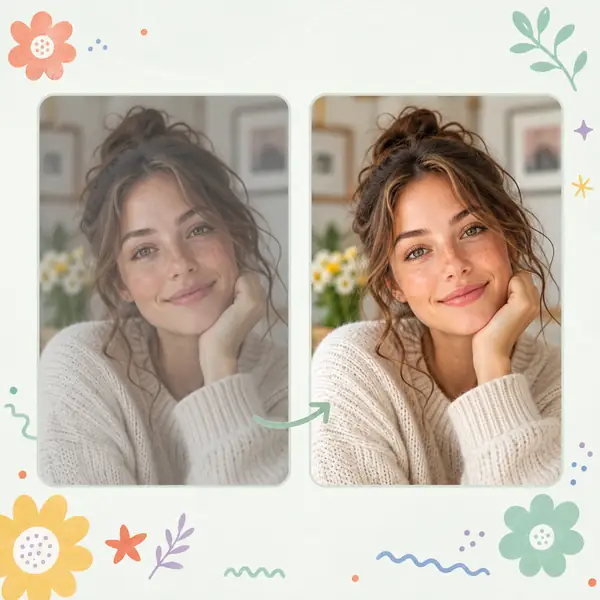 A portrait displayed before and after an image quality improvement, with cheerful floral accents