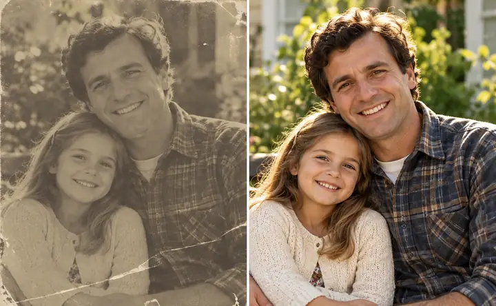 An older portrait presented in a photo restoration comparison